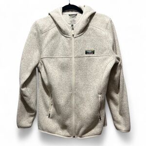 LL Bean Sz L Sweater Fleece Hoodie Women Full Zip Pockets Creamy Oatmeal